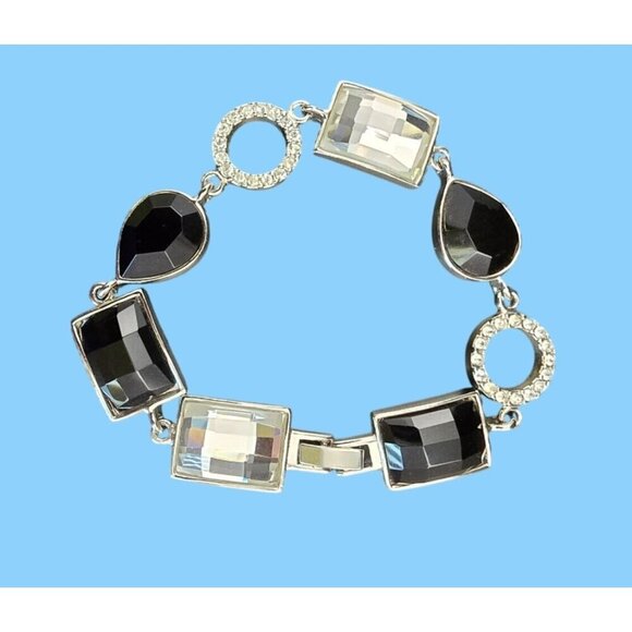 Lia Sophia Party On Silver-Tone Bracelet With Black & Clear Crystals Statement - Picture 3 of 8